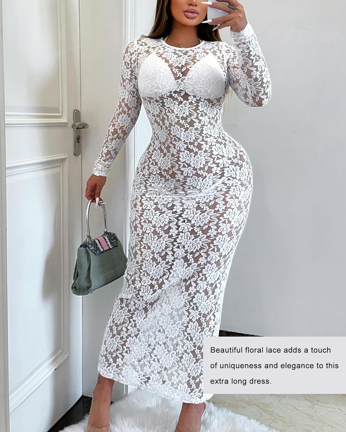 Elegant Long Sleeve Lace Dress for Women - Lace Maxi Dress with Sheer Overlay, Sexy Maternity & Evening Gown - Image 2