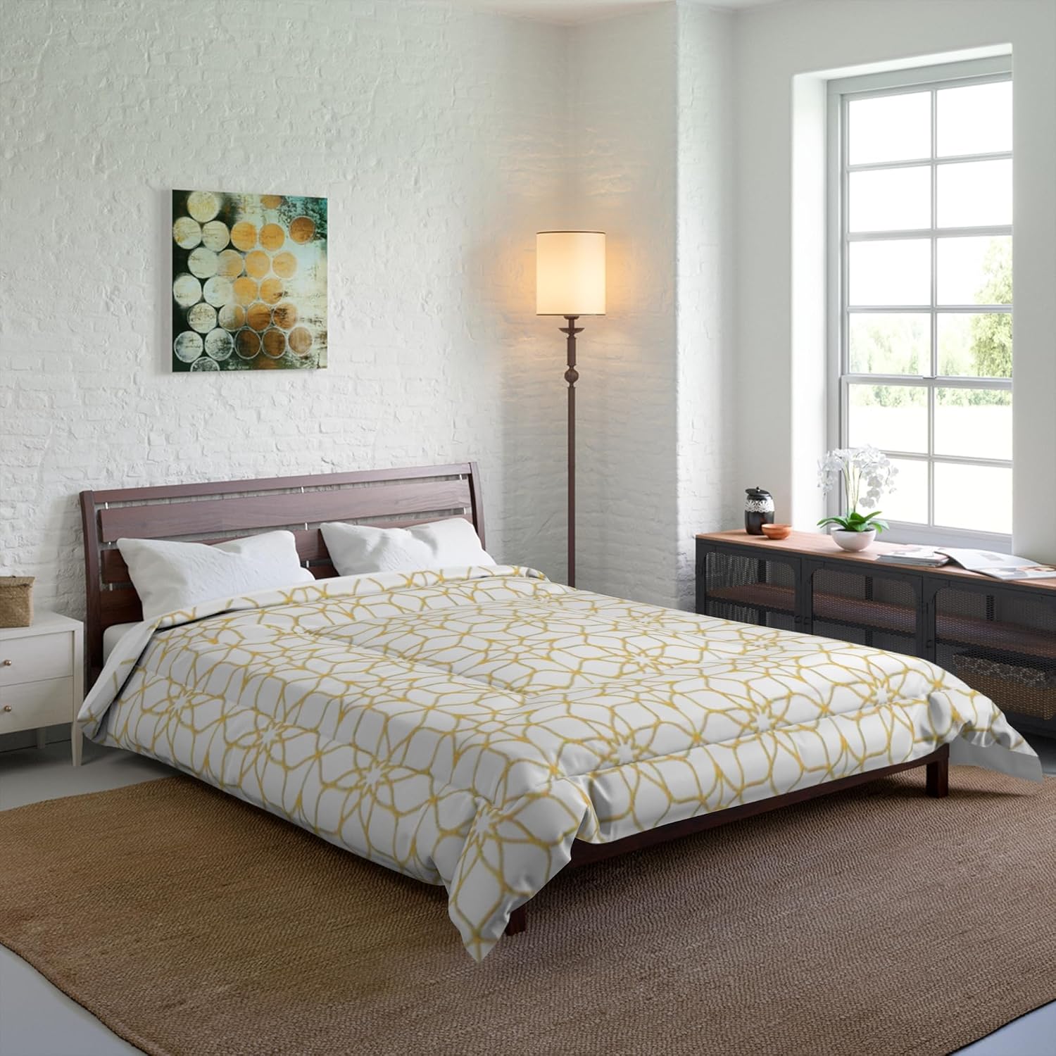 Geometric Gold Lattice Comforter | Modern Trellis Pattern Bedding