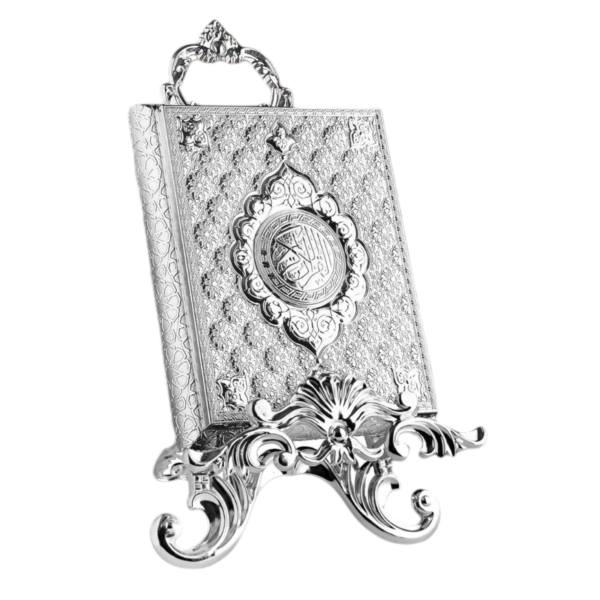 LaModaHome Islamic Book Rehal Stand, Home Decoration to Display the Quran with Elegance, Metal Holder for Reading Studying, Special Events, Ramadan, Religious Holidays - Silver
