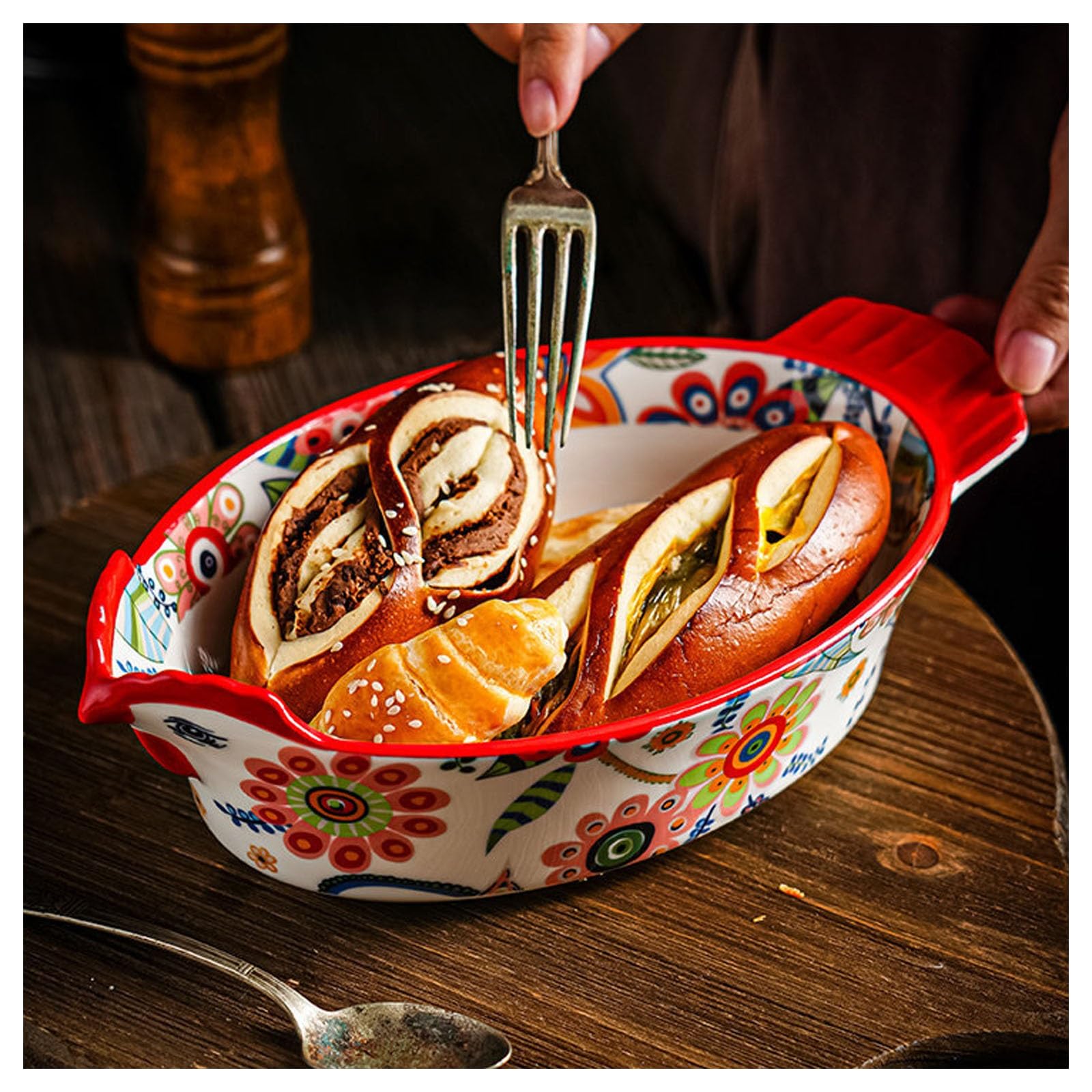 Keramik-Backform, ovaler Doppelgriff, hitzebeständig, Blumendruck, rechteckige Lasagneform für Küche, Ofen, Abendessen und Bankett, 9 Stück