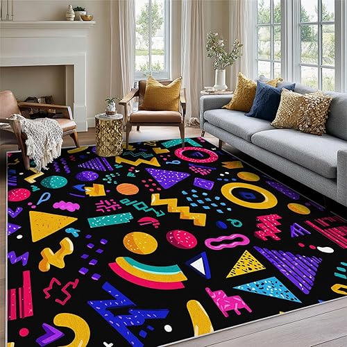 Miniatura 64 de Alfombra retro de los años 70, alfombras de área de 6 x 8 pies, patrón geométrico moderno de mediados de siglo, para sala de estar, dormitorio,