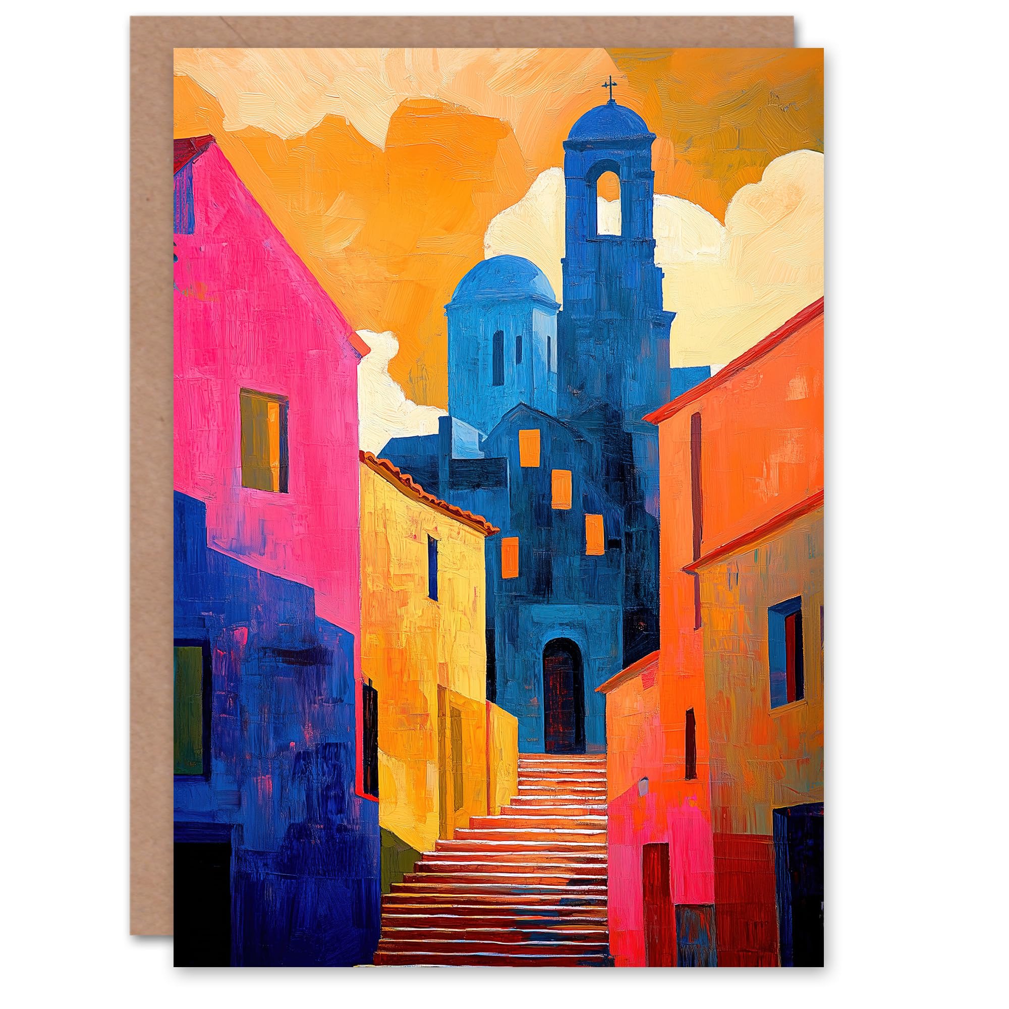 Artery8 Greeting Card Italian Church Cityscape Colourful Abstract Blank For Him Or Her Art Birthday Card