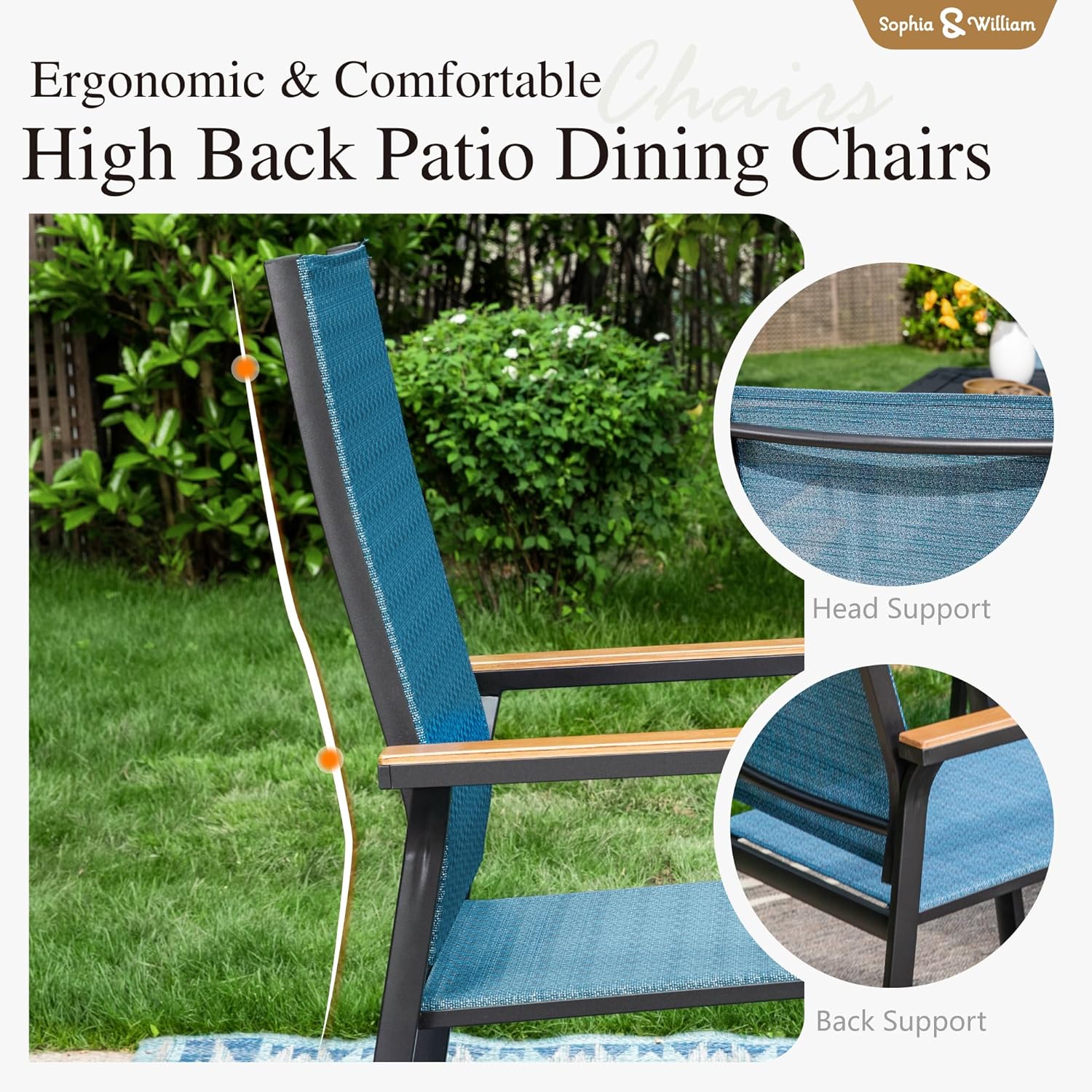 Sophia & William Patio Table and Chairs Set 7 Pieces, 6 Aluminium Patio Dining Chairs with 60" x 38" Metal Dining Table, Stackable and Easy to Move for Outdoor Garden Lawn (Blue)