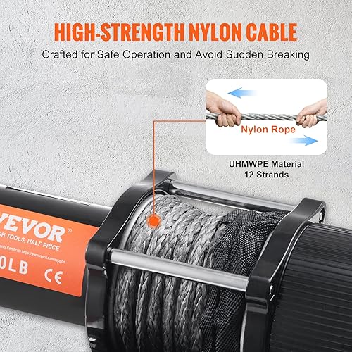 Miniatura 4 de VEVOR Cabrestante eléctrico, cabrestante de cuerda de nailon con capacidad de carga de 12 V, 4500 libras, IP55 de 14 pulgadas x 39 pies ATV UTV con