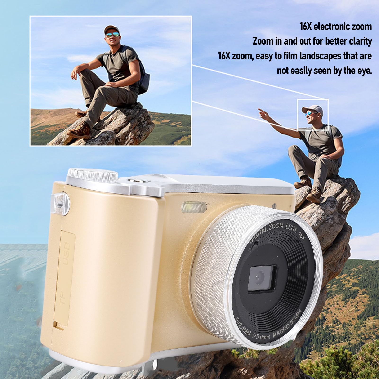 Camera Digitale 4K per Fotografia, Fotocamera da Vlogging da 64 MP con Schermata a Fogli Mobili da 3, Autofocus Zoom Digitale 16x, Lente Ad Angolo Largo, per Principianti (GOLD)