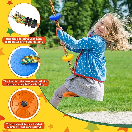 Miniatura 4 de Tree Swing - Cuerda de escalada arco iris, repuesto de asiento de disco giratorio resistente para niños con correa para colgar y mosquetones de