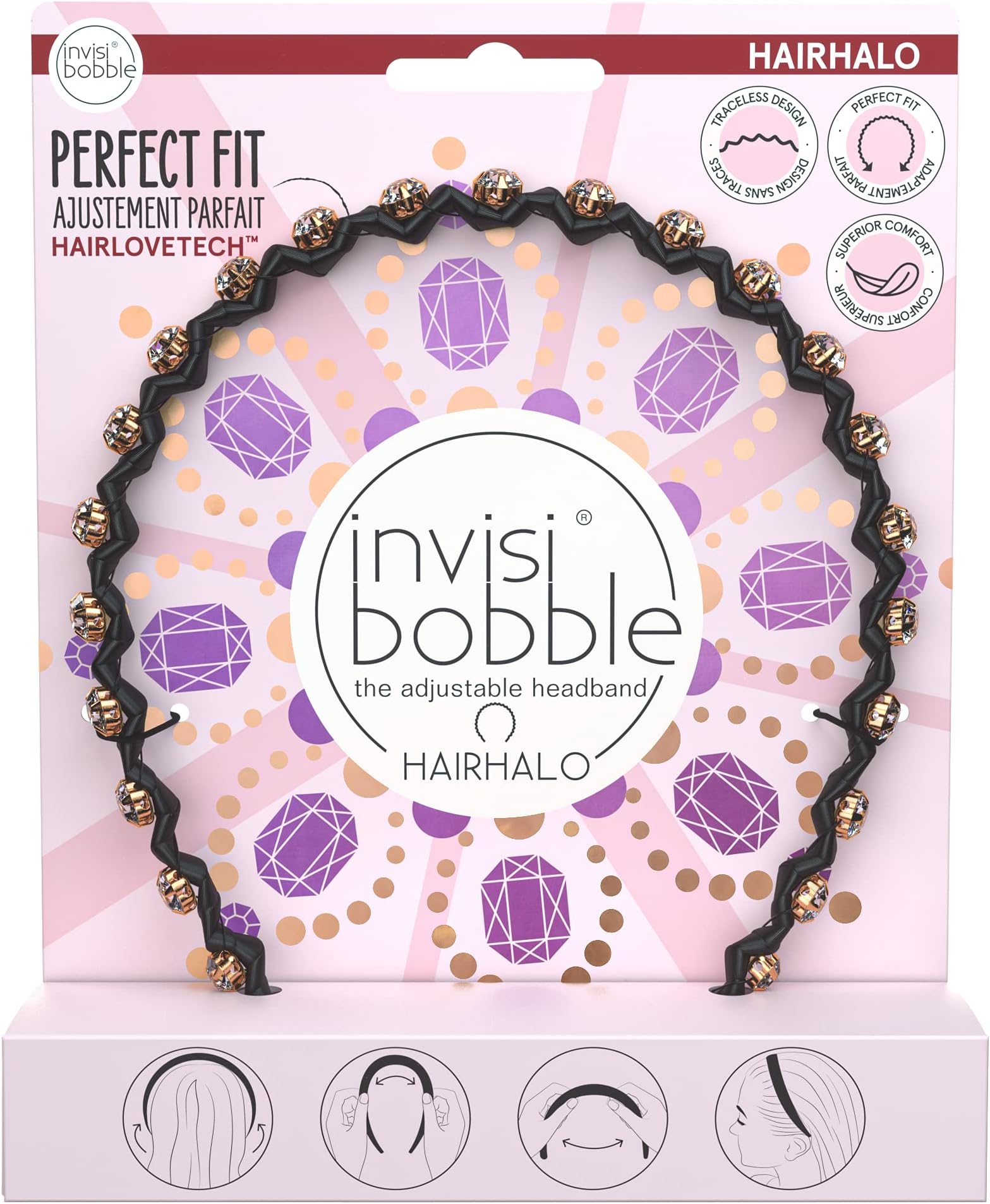 InvisibobbleHairhalo Thin Headband, 1 x Adjustable Headband, Black with Stones, Girls & Women, Gifts for Women, Hair-Gentle & Comfortable,Put your crown on/black,One Size