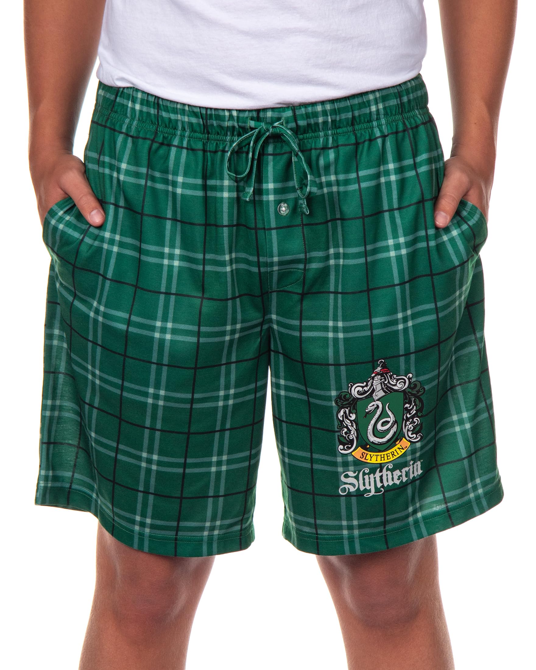 Harry Potter Pajamas Men's House Crest Plaid PJ Lounge Shorts, Green, XXL