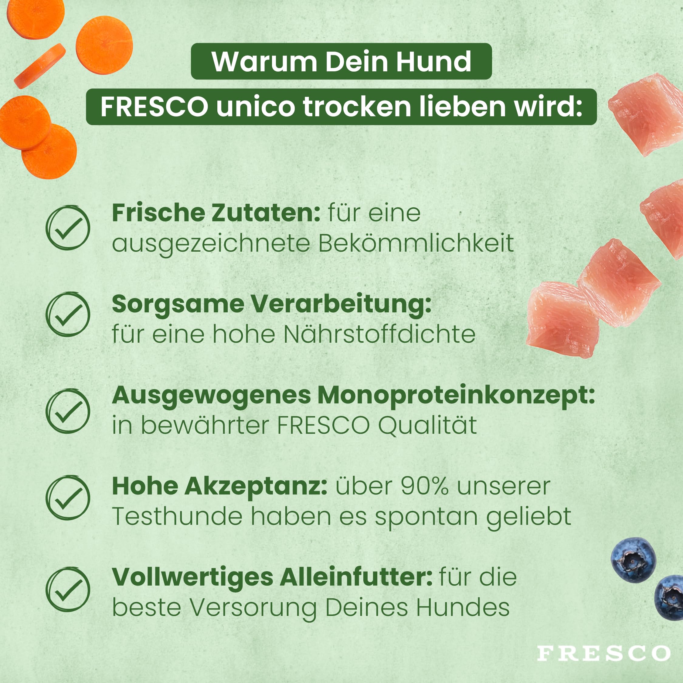 FRESCO Dog Unico Huhn 5kg | Welpenfutter Trockenfutter für Hunde | Hoher Frisch-Fleischanteil 65% & Gemüse | Hundefutter trocken Junior | Mono-Protein & hohe Verträglichkeit | 2,5kg Doppelpack