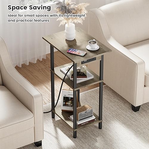 Miniatura 4 de Mesa auxiliar alta con estación de carga, mesita de noche delgada con puertos USB y tomas, mesa auxiliar estrecha de 3 niveles con almacenamiento