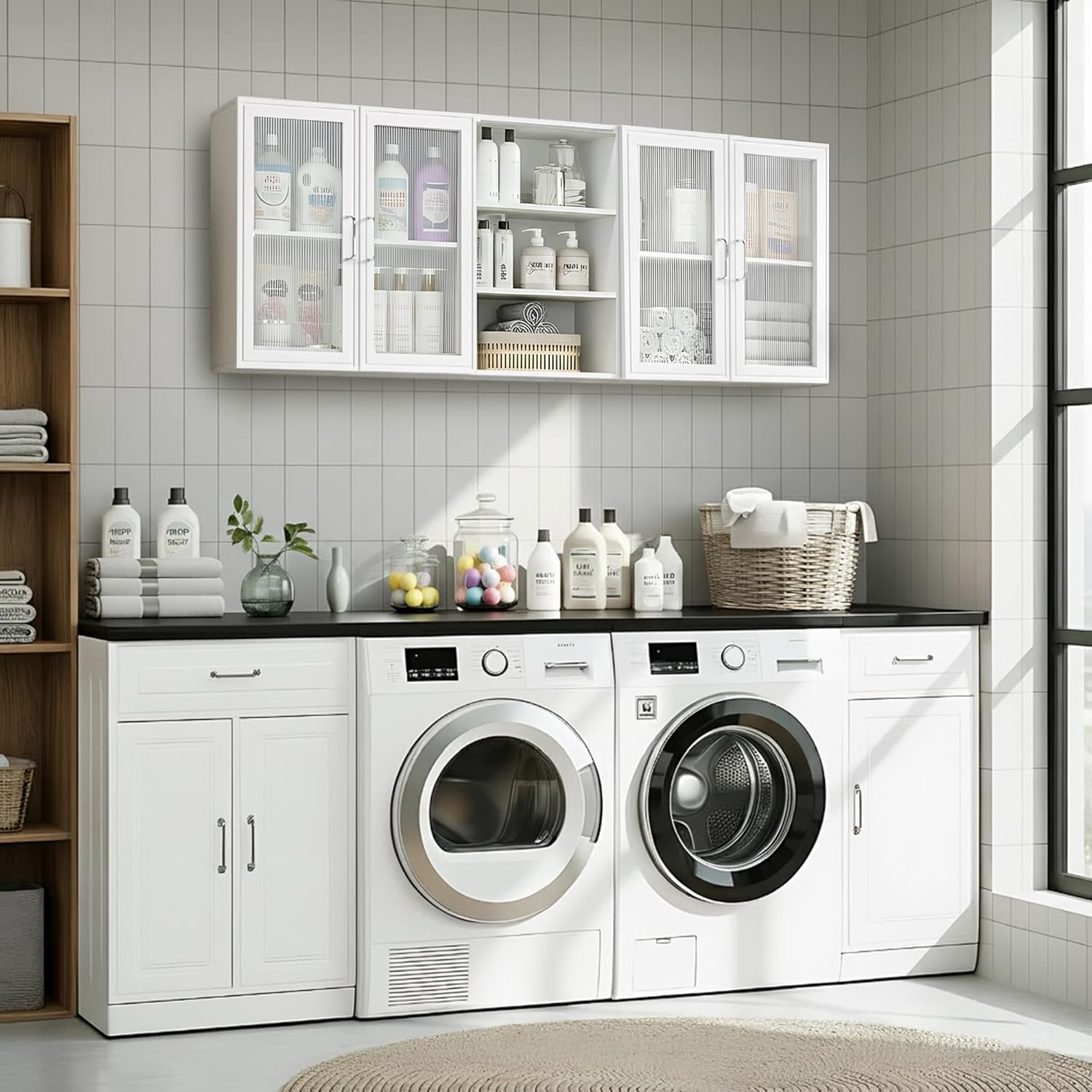 Kitchen Wall Cabinets with Acrylic Glass Doors, Laundry Wall Mounted Storage Cabinets with Adjustable Shelf, Floating Hanging Upper Cabinets for Laundry Room,Bathroom, Kitchen,White