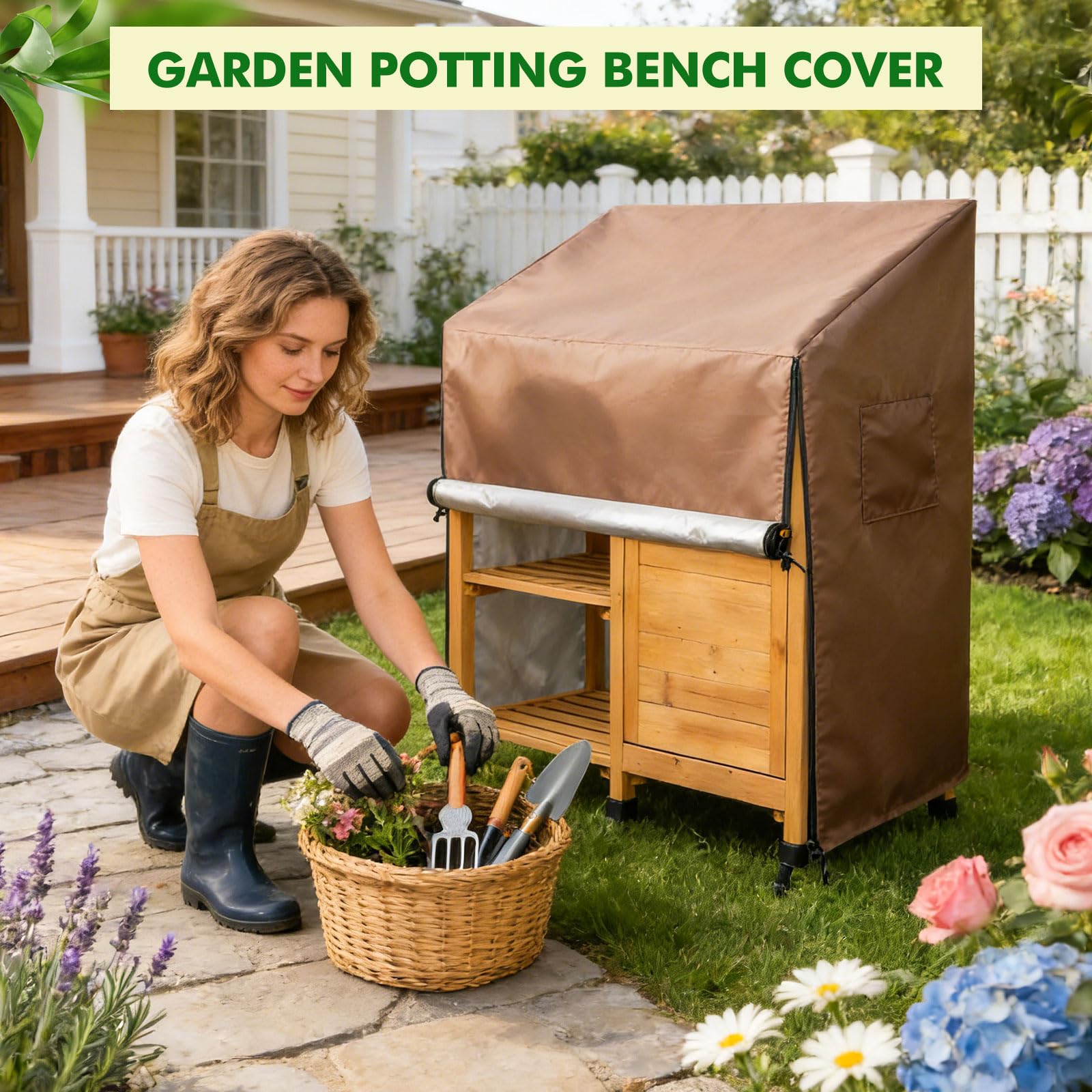 Funda Impermeable para Mesa de Jardinería con Solapa Frontal Abatible, Cubierta Protectora para Banco de Trabajo, Oxford 420D Marrón (116 * 51 * 120cm)