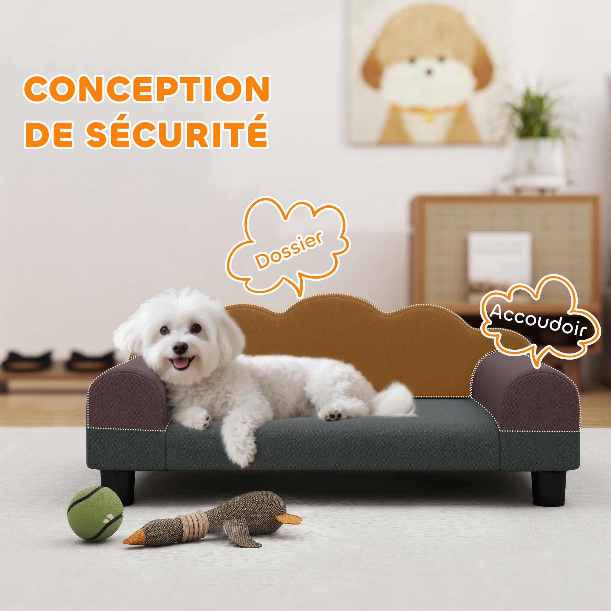 PawHut Canapé pour Chien, canapé pour Animal de Compagnie avec Dossier et accoudoirs, Respirant, pour Petits Chiens d'intérieur, 66 x 42 x 28,5 cm, Gris foncé