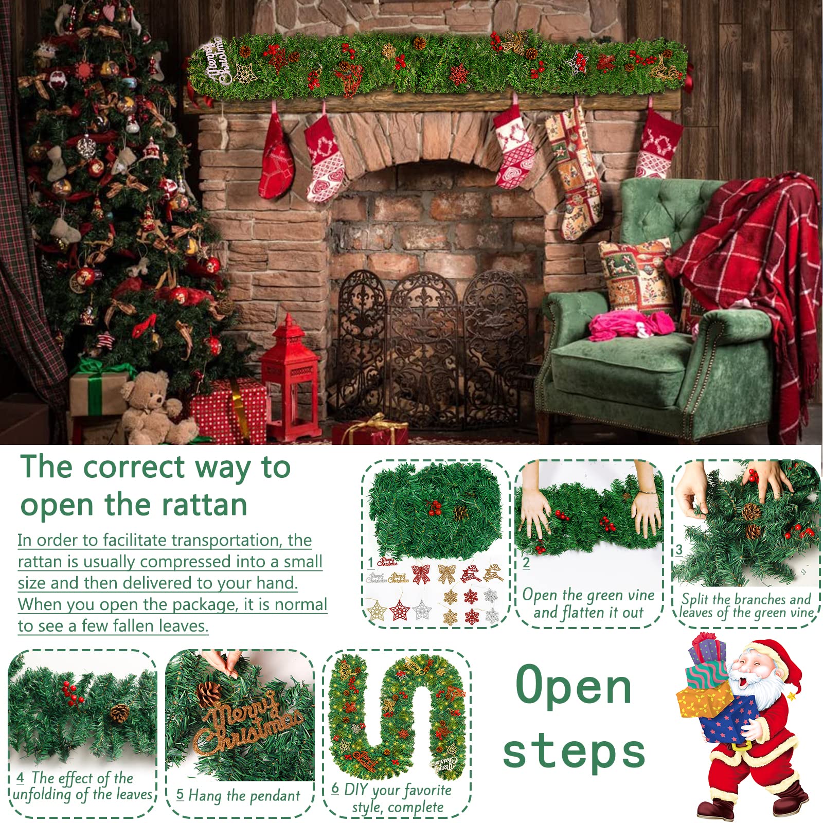 Ghirlanda Natalizia con Luci,2.7M LED Ghirlanda Natalizia per Porta Scale Camino Albero Di Natale Esterno Decorazioni,Festone Natalizio Rami Natalizi Decorazioni Natalizie per la Casa Interno