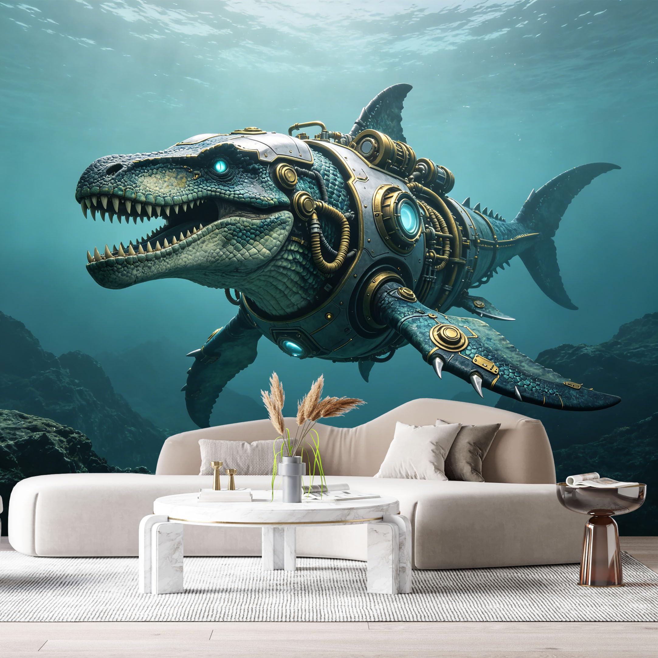 Custom Size Wall Mural Mechanical Sea Steampunk Cyber Shark Deep Ocean SciFi Style SelfAdhesive Art Prints Removable Large Wallpaper Esports Room Game Room Tenant Room Studio