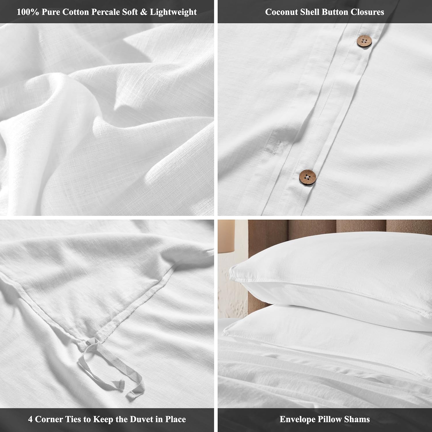 Superior Chloe 100% Cotton Percale Bed Duvet Cover Set, Matching Pillow Shams, Inner Ties, Button Closure, Vintage Wash, Boho Chic Decor, Modern Linen Bedroom Bedding, King/California King, White