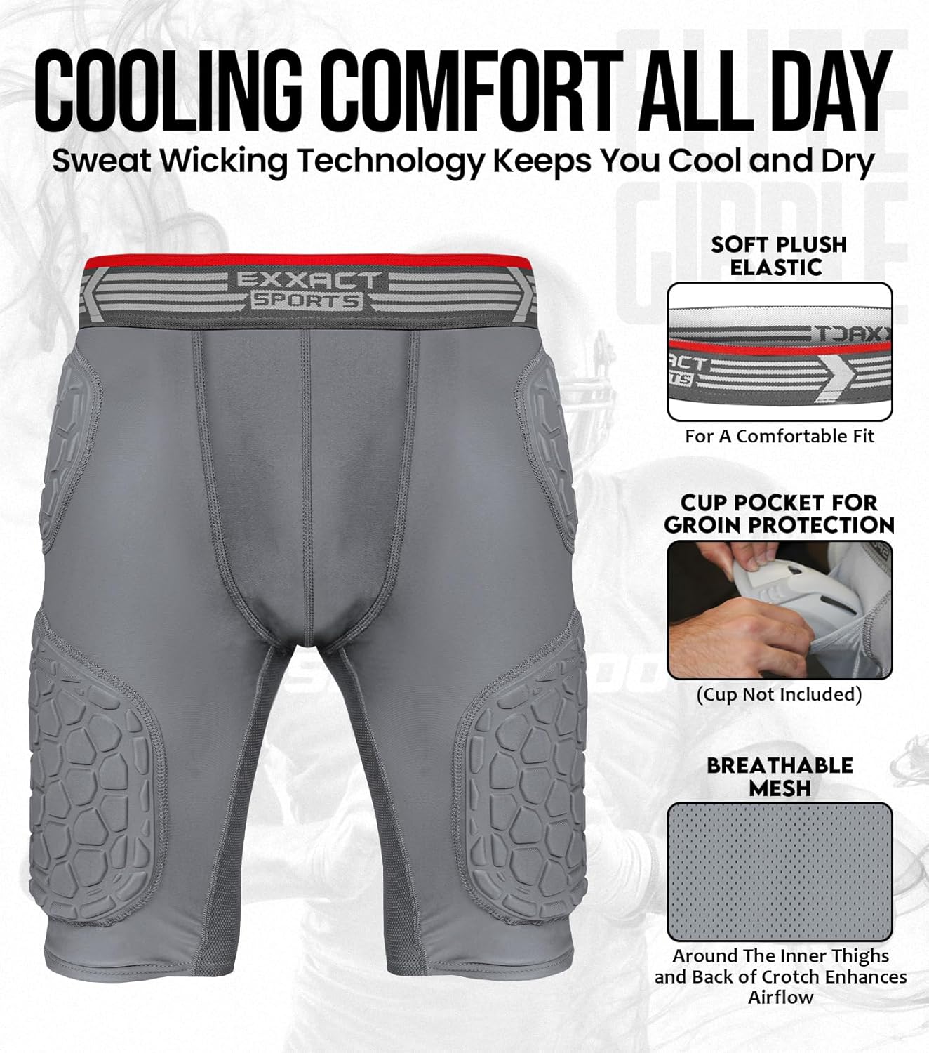 Exxact Sports Elite 5-Pad Adult Football Girdle for Men with Cup Pocket, Padded Compression Shorts with Integrated Hip, Thigh, Tailbone Pads, Men's Girdle Football