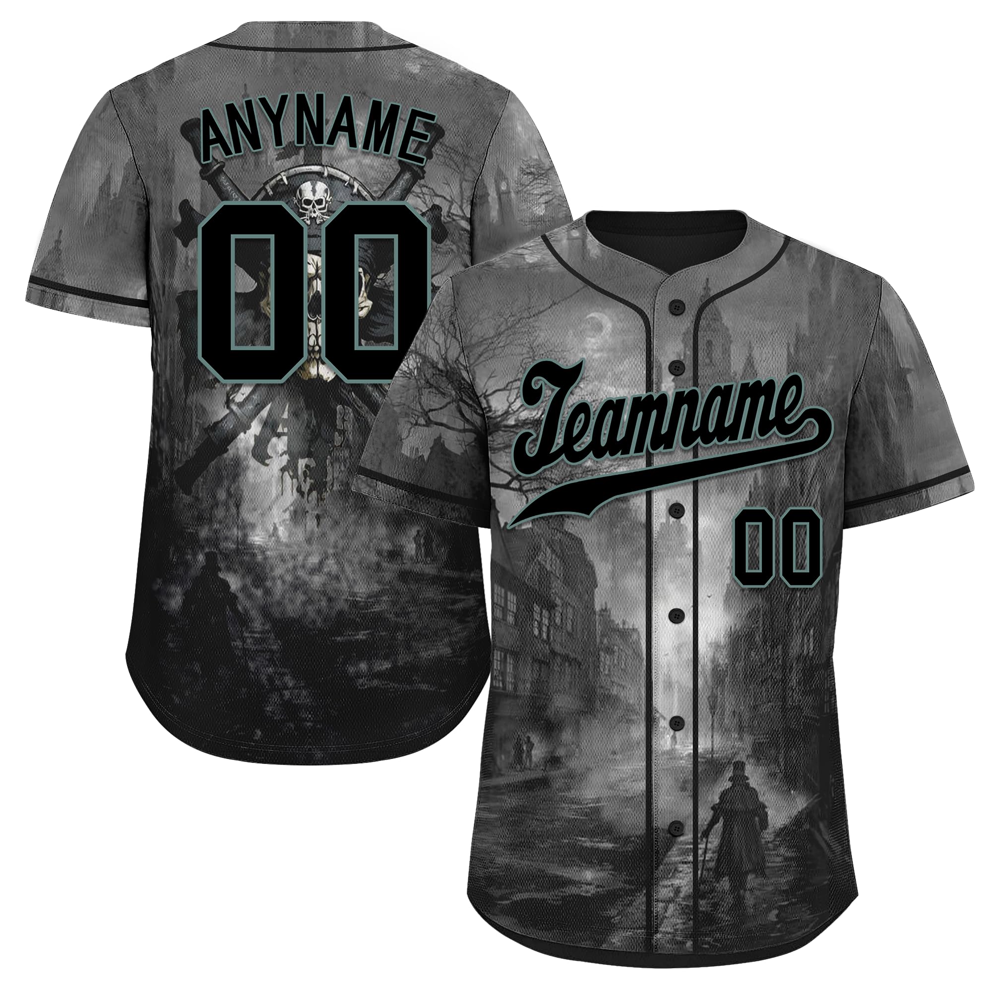 coolcustomize Custom Skull Baseball Jersey for Men Gothic Style Sports Uniform Short Sleeve Button Down Shirts with Name/Logo