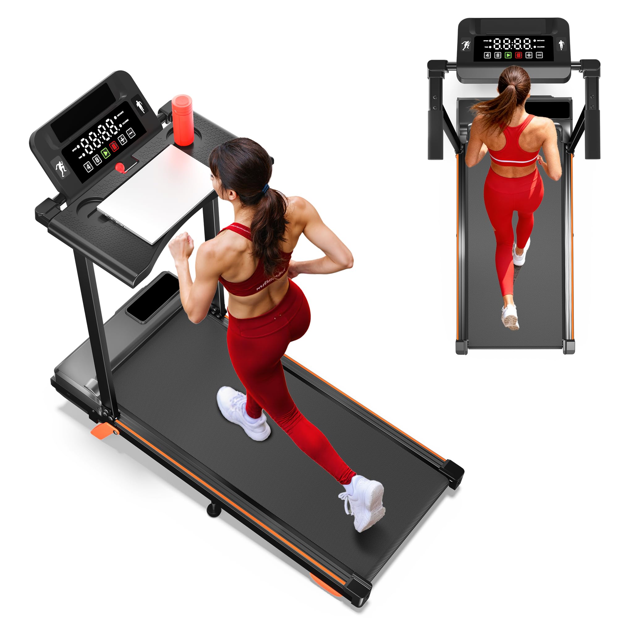 The BMJX US ZJ-X1 Incline Treadmill in a compact, upright position, showcasing its space-saving design.