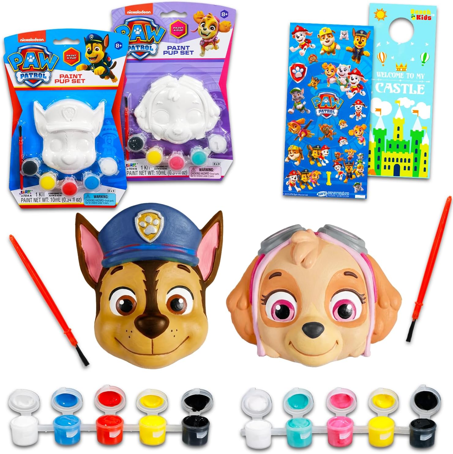 Paw Patrol Paint Your Own Figurines Set - Bundle with DIY Painting Set Featuring Chase and Skye Plus Stickers, More | Paw Patrol Painting Kit for Kids