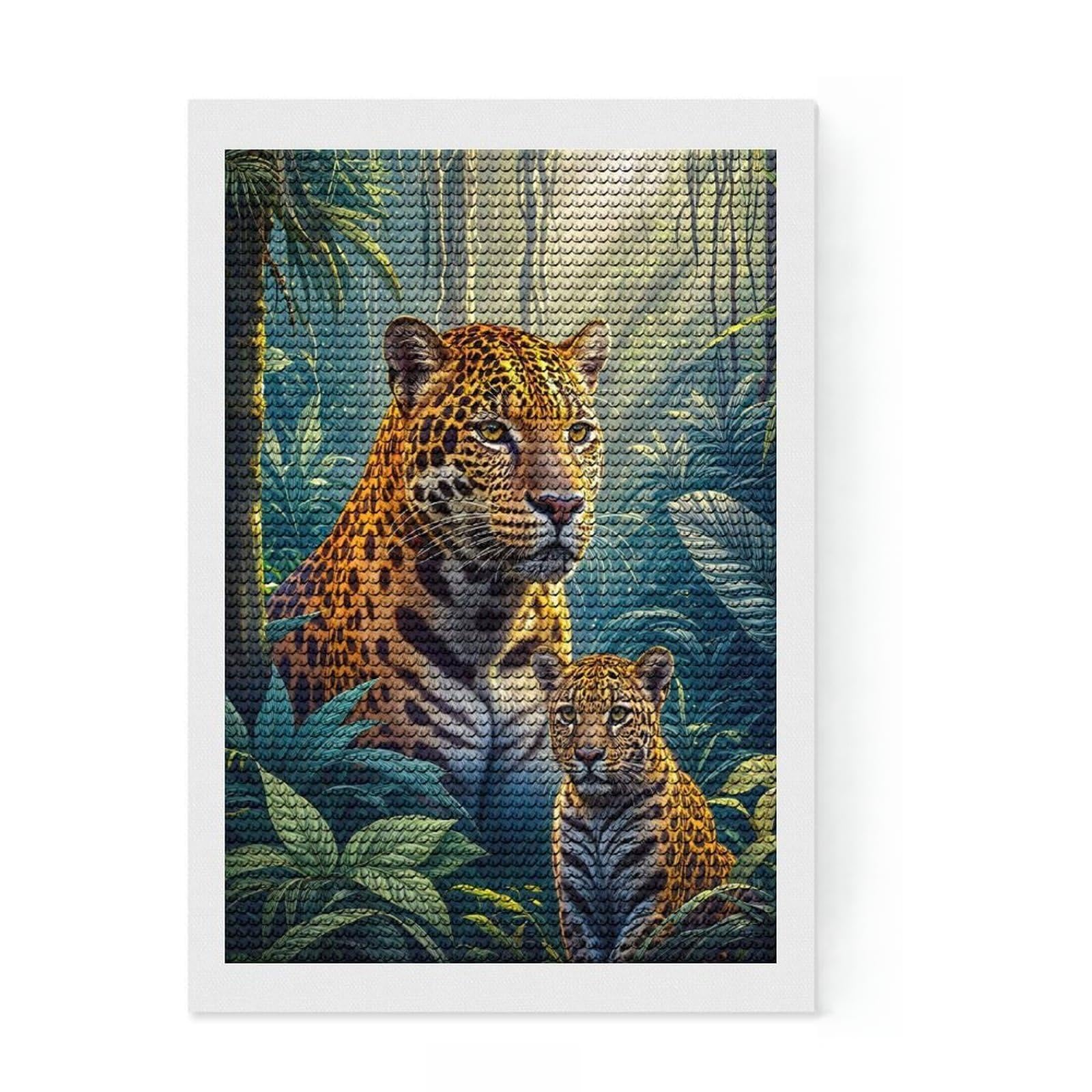 Junmoney Jaguar with Cub in Forest Full Drill Diamond Painting Kit 8"x12", for Women, Complete Accessories, Thoughtful Handmade Gift, Farmhouse Decor