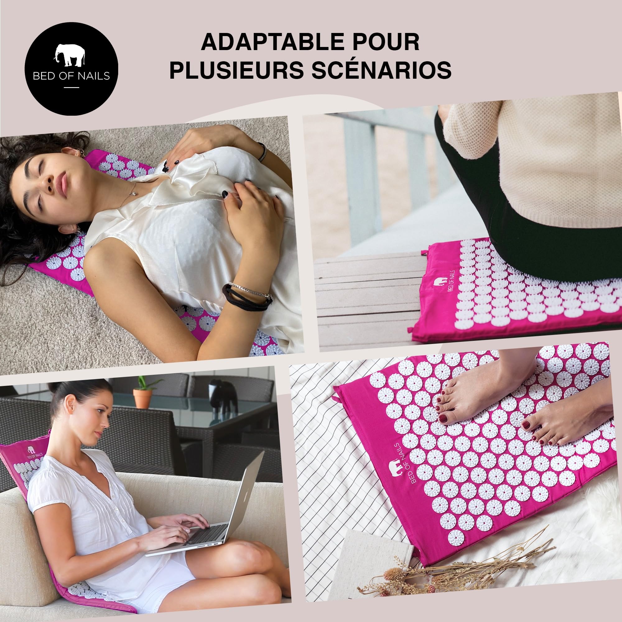Bed of Nails Original Acupression Tapis, Acupuncture Tapis avec 8,820 Massage Tapis Pointes pour Bien-être, Augmenté Énergie, Dos Douleur Soulagement, Relaxation, 74 x 41 x 2 cm, Transport Sac, Rose