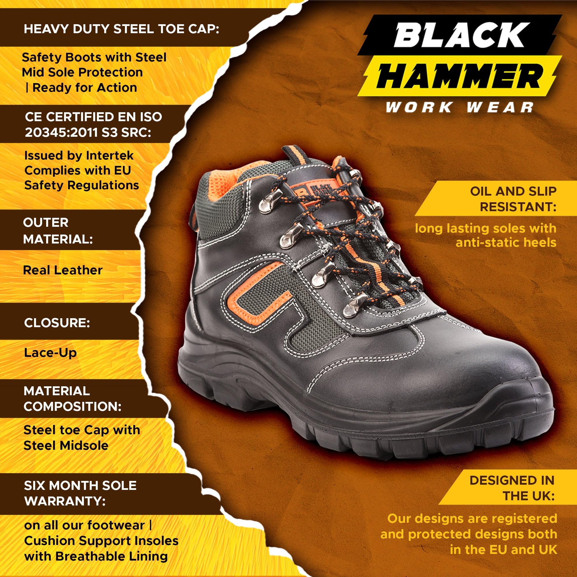 BLACK HAMMER Botas de Seguridad de Cuero para Hombres Botas de Seguridad para hombres Puntera de Acero S3 SRC Calzado de Trabajo al Tobillo de Cuero 6652 (43 EU)