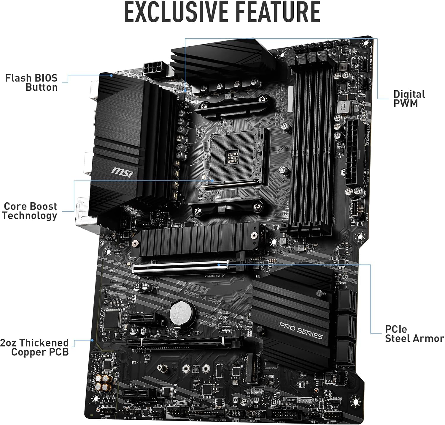 MSI B550-A PRO V1 ProSeries Motherboard (AMD Ryzen 5000, AM4, DDR4, PCIe 4.0, SATA 6Gb/s, M.2, USB 3.2 Gen 2, HDMI/DP, ATX)