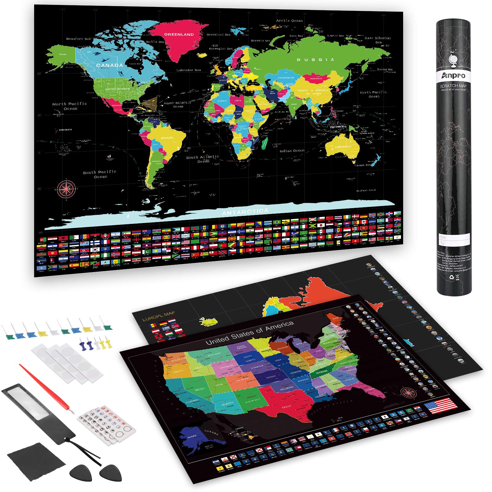 Anpro 3 in 1 Black Gold Scratched World map + United States map + European map, Travel map, Including a Complete Set of Accessories and National Flags, Tourist Attractions, Ideal Christmas Gifts