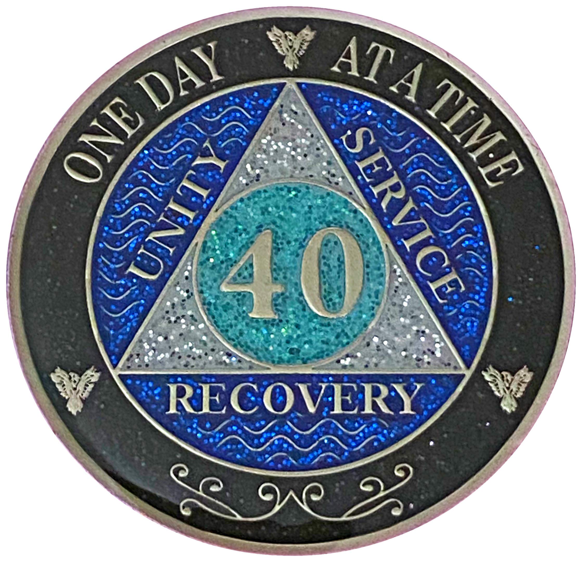 (Years 1-50) 40 Year AA Recovery Silver Color Plated Glitter Medallion, Black Rainbow, Blue, Silver Glitter Coin, Epoxy Covered (AA 40 Year Glitter