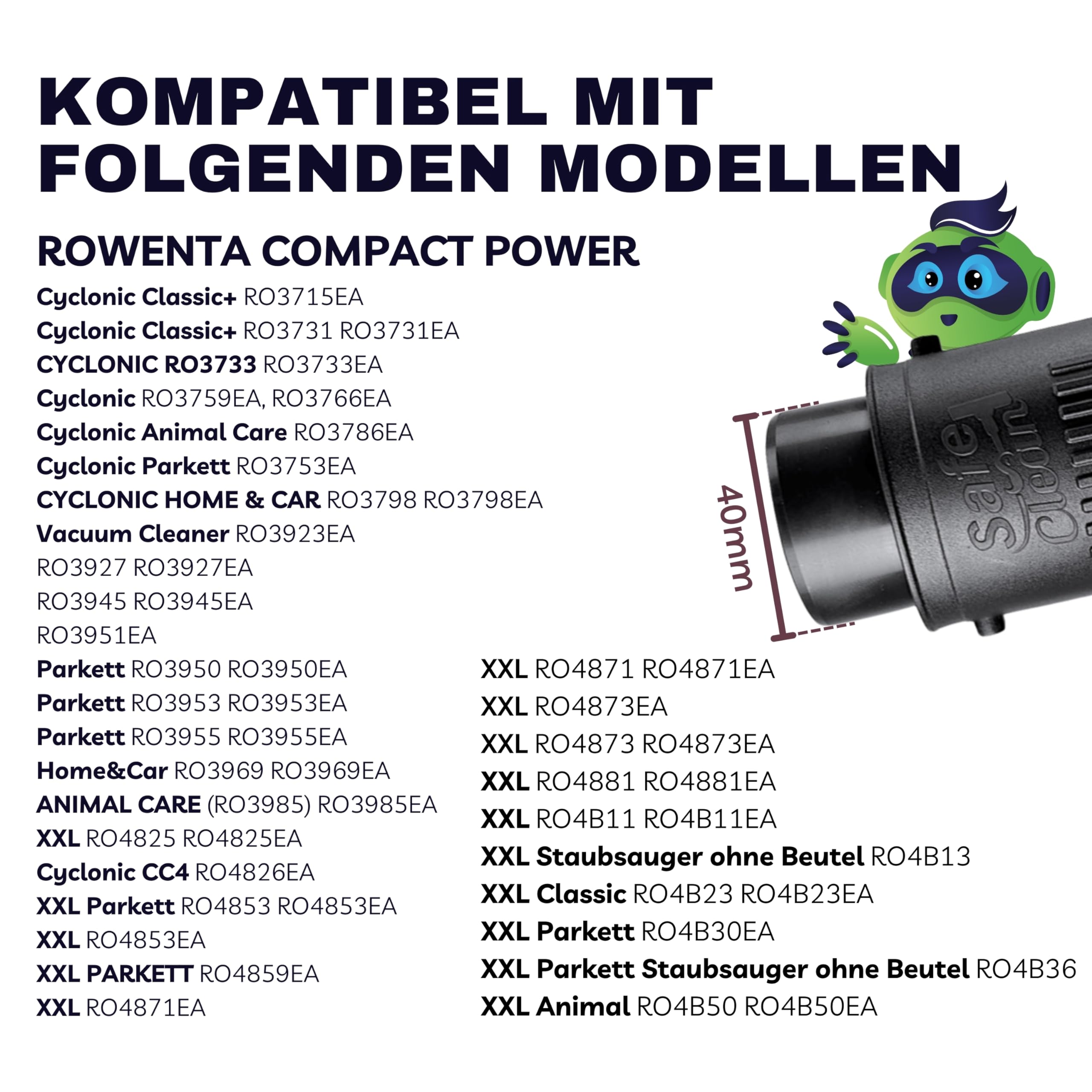 SAFE 'N CLEAN Tuyau d'aspirateur avec poignée compatible avec les modèles Rowenta Compact Power (RO3950, RO4825, RO4B23, RO3969EA), etc. Alternative au SS-7223035243