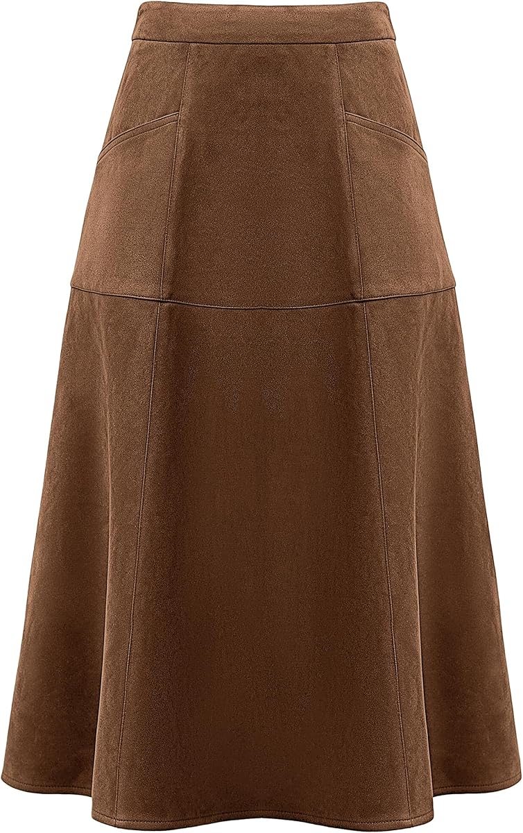Women's Suede Skirt High Waist A-Line Midi Skirts with 2 Pockets