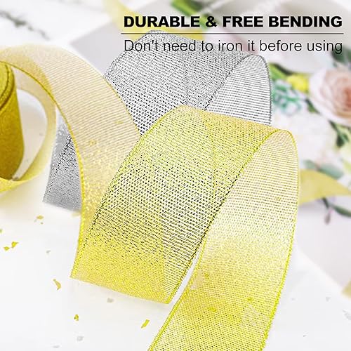 Miniatura 3 de Cinta metálica dorada y plateada con purpurina de 14 de pulgada, 25 yardas, 2 rollos, cinta de tela brillante perfecta para manualidades, costura,