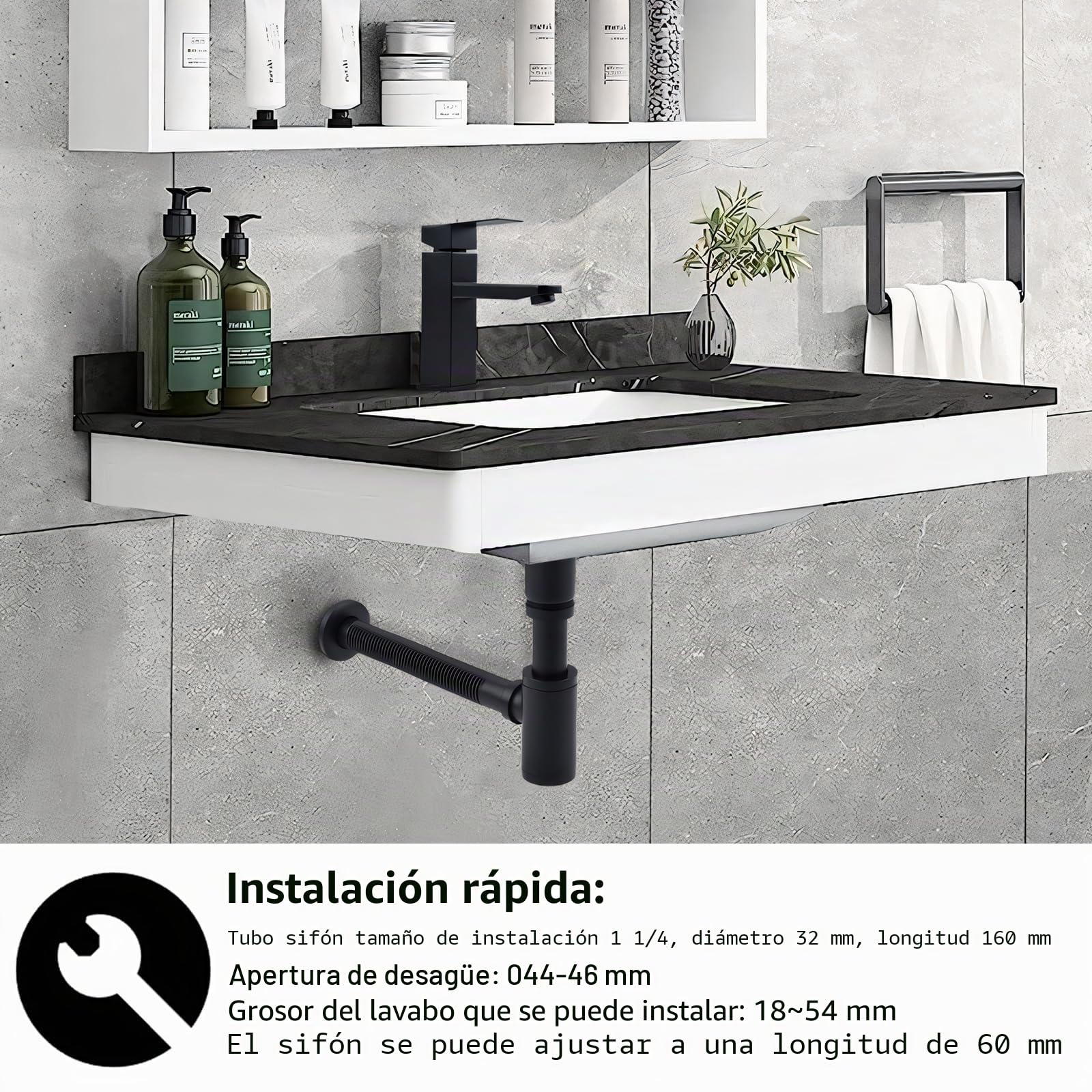 HOMELODY DiseñO De SifóN con VáLvula De Drenaje De Fregadero Negro Mate - SifóN De LatóN Universal - Incluye TapóN De Lavabo Y Abertura De Limpieza - SifóN De Lavabo, SifóN De Fregadero De Cocina