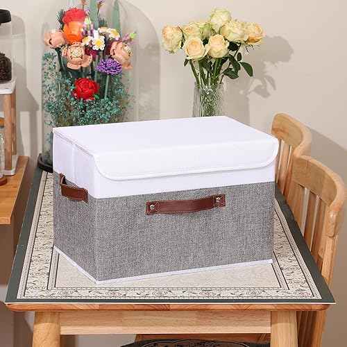 Miniatura 295 de ANMINY 2 contenedores de almacenamiento con tapa, asas de piel sintética, cajas de almacenamiento de plástico PP, decorativas, plegables, de tela