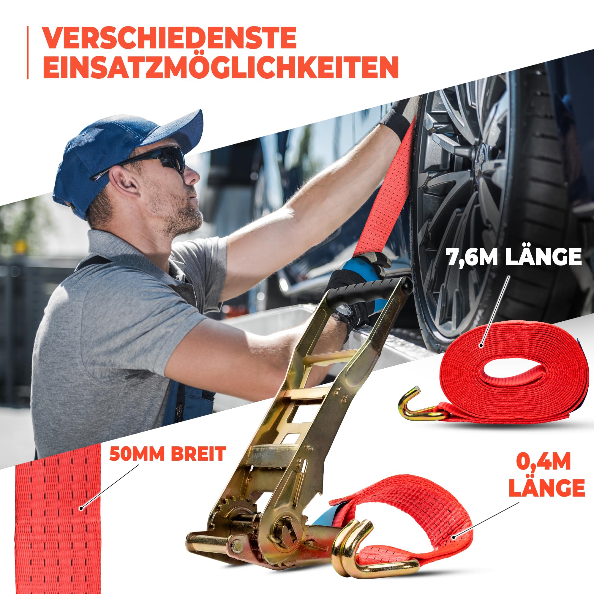 Set 2 Cinghie Di Serraggio Con Cricchetto 5000 Kg, 8 M - 50 Mm, Con Ganci, Certificazione TÜV/GS, Per Camion E Fissaggio Carico