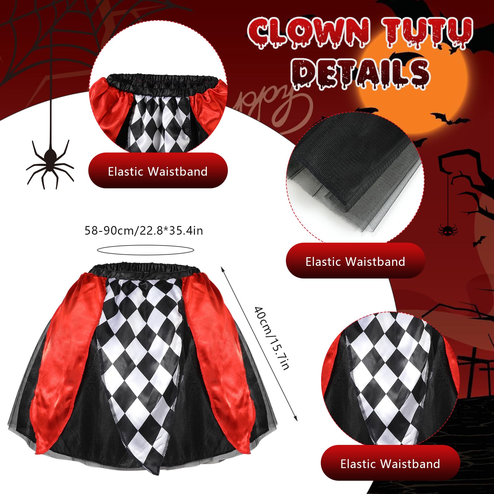 5 PCS Halloween Clown Costume Women, Clown Headband Face Tattoos Fish Net Gloves Harlequin Knee High Socks Tutu Skirt - Image 4