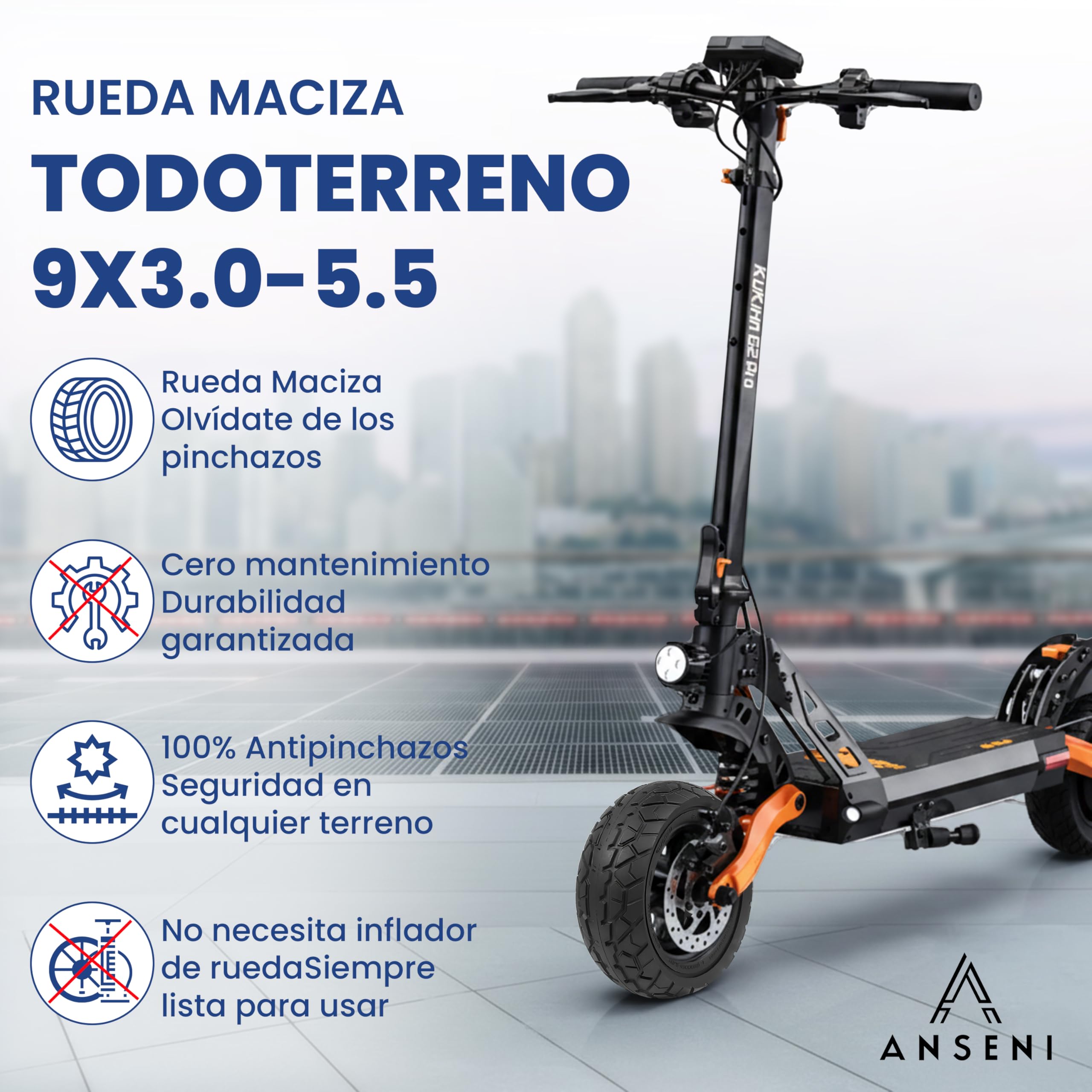 ANSENI Rueda Maciza 9X3.0-5.5 para Patinete Eléctrico Kukirin G2 Pro(Versión 2024 Posterior) Neumatico Offroad Todoterreno 9 Pulgadas,Neumáticos de Reemplazo,Rueda Repuesto Antipinchazo (1 Rueda)