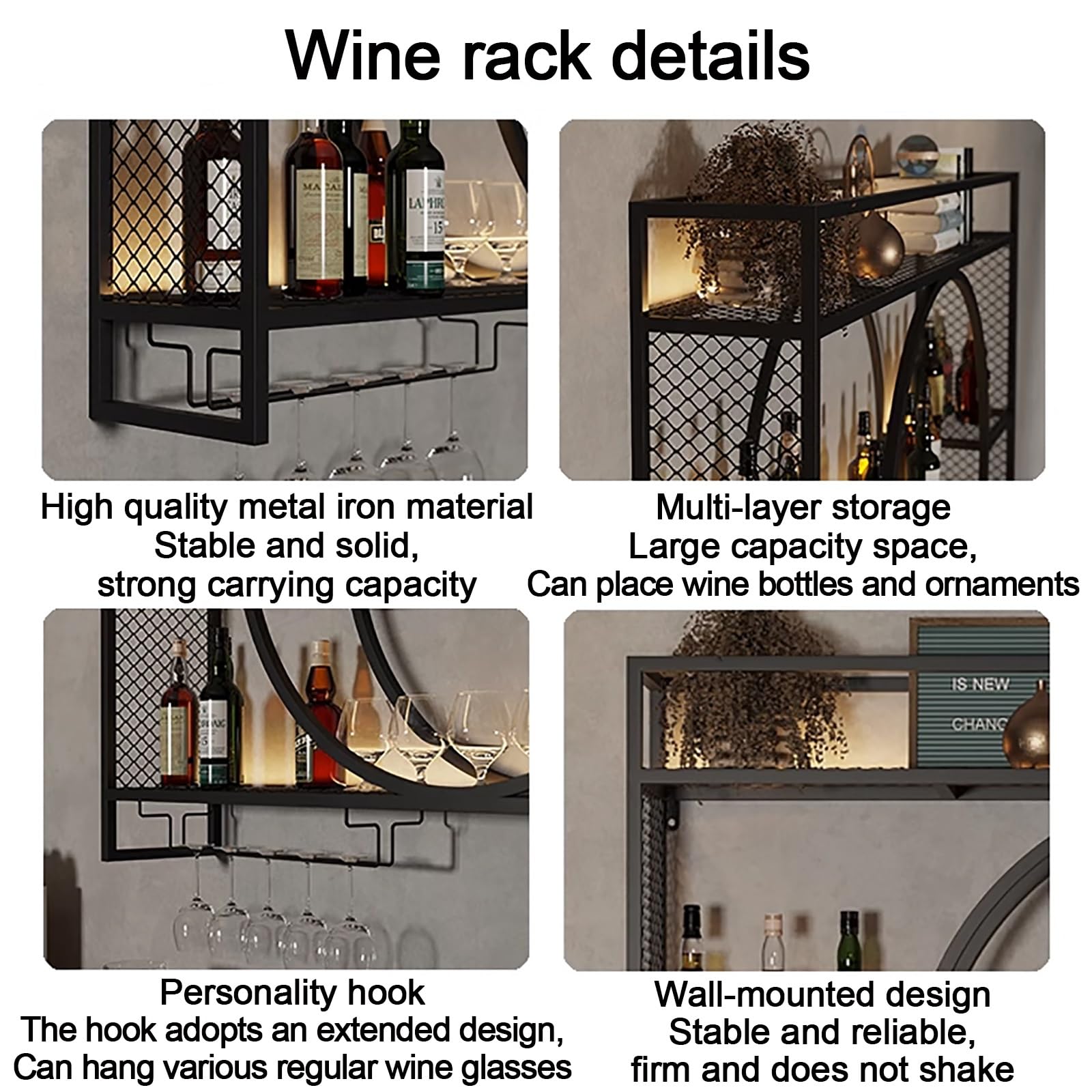 Botellero De Hierro De Estilo Industrial,Estante De Vino Montado En La Pared para Botellas,Enfriador De Vino Montado,Botellero De Almacenamiento Multifuncional,Soporte para Copas De Vino (Size