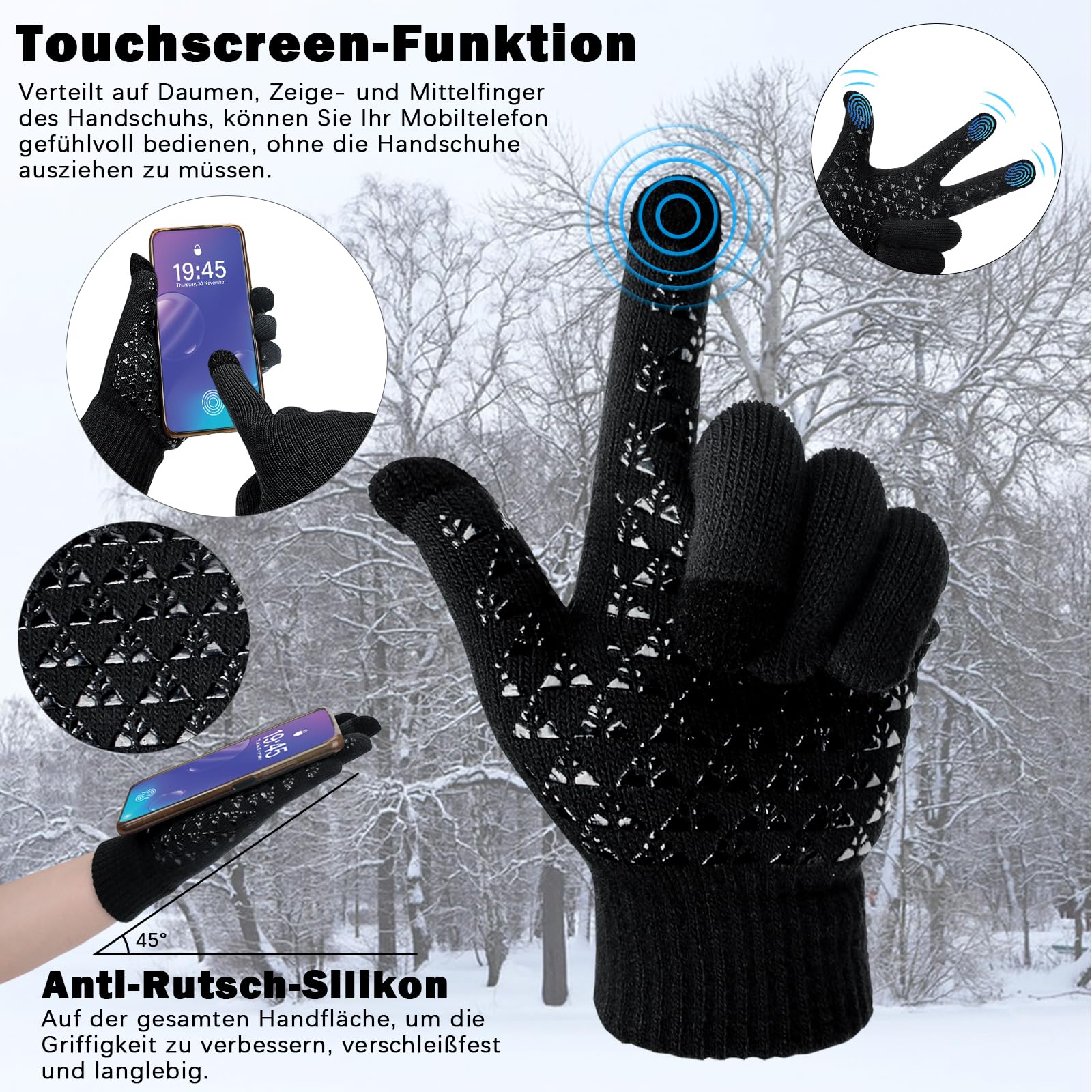 Winter Warm Mütze, Schal & Handschuh-Sets für Damen Herren, Winter Beanie Mütze, Touchscreen Handschuhe, Winter Warm Loop Schal mit Fleece Gefütterte, Geschenk Damen Herren Weihnachten (Schwarz)