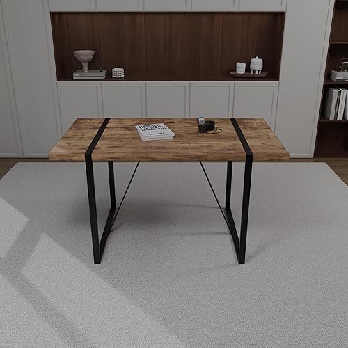 Miniatura 2 de 55" Dining Table Modern Rural Industrial Rectangular Dark Wood, 4 6 People, 1.5" Thick Engineering Wood Tabletop and Black Rectangular Metal Legs,
