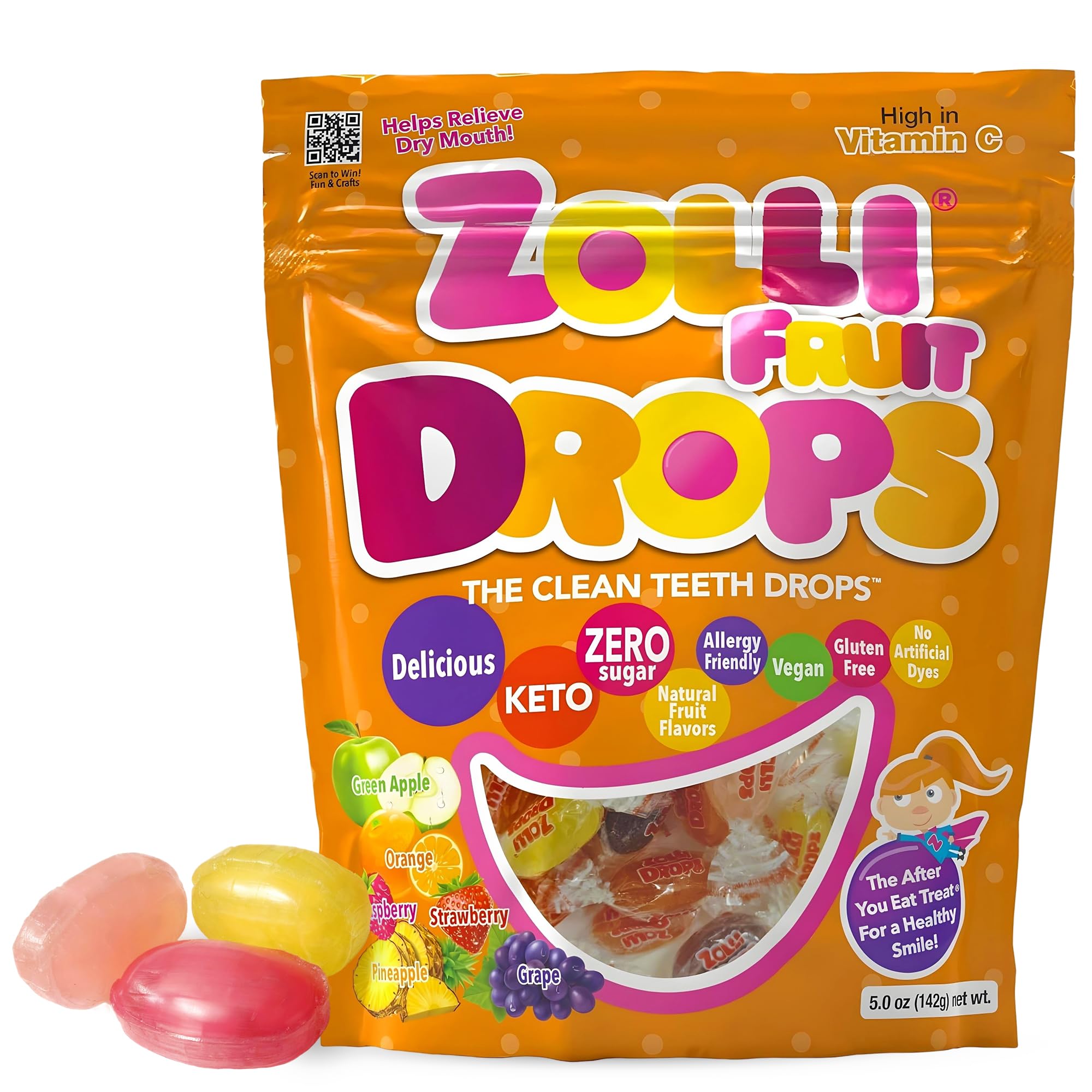 Zolli Fruit Drops Clean Teeth Candy Sugar-Free with Xylitol, Dye-Free, Keto & Diabetic-Friendly, Dentist-Approved Treats for Kids (Natural Fruit