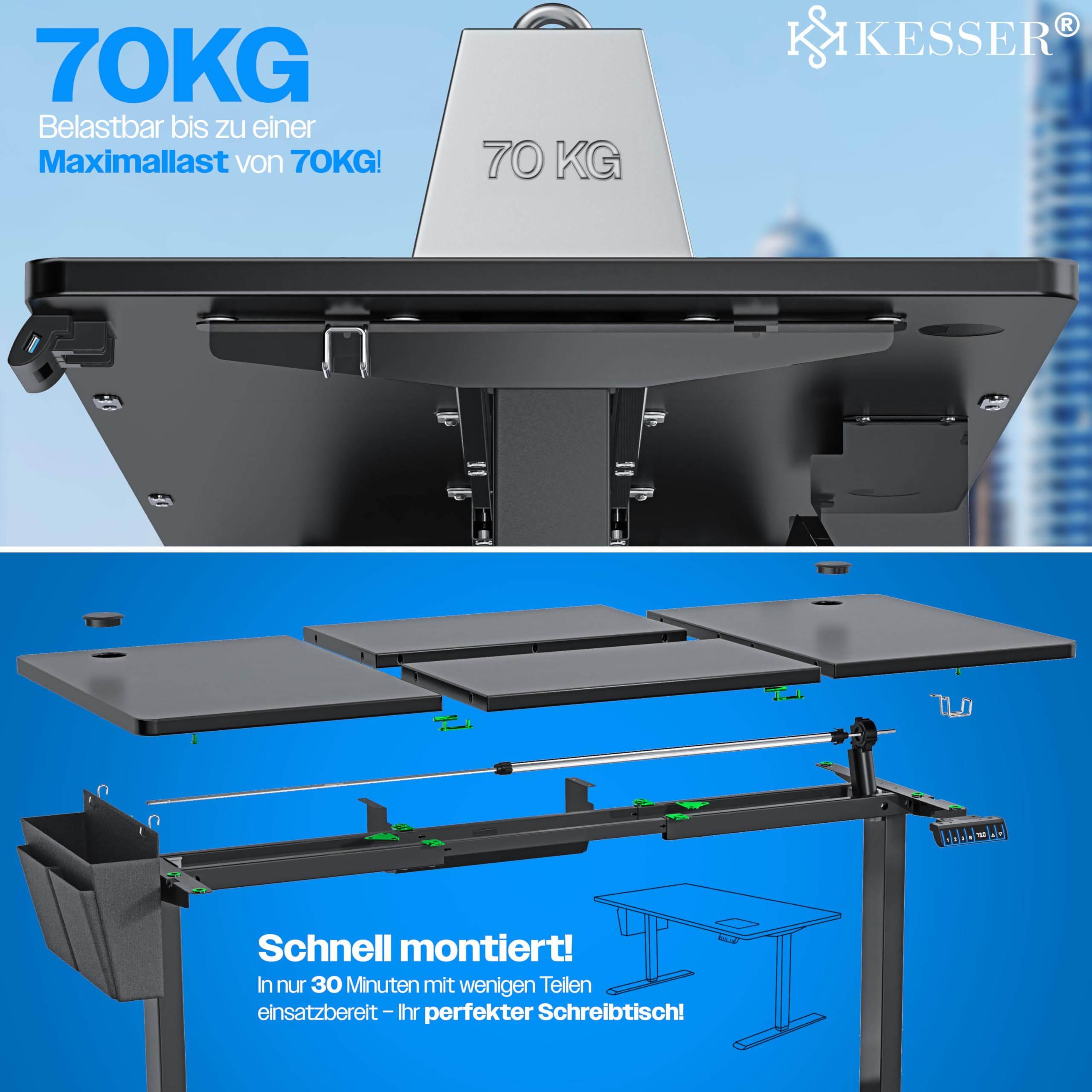 KESSER® höhenverstellbarer Schreibtisch elektrisch 180 x 80 cm, ergonomischer Steh-Sitz Tisch mit 3-Memory-Funktion, Stehtisch für Homeoffice, Inkl. Zubehör, USB-Ladeanschluss & 360° Rollen, Schwarz