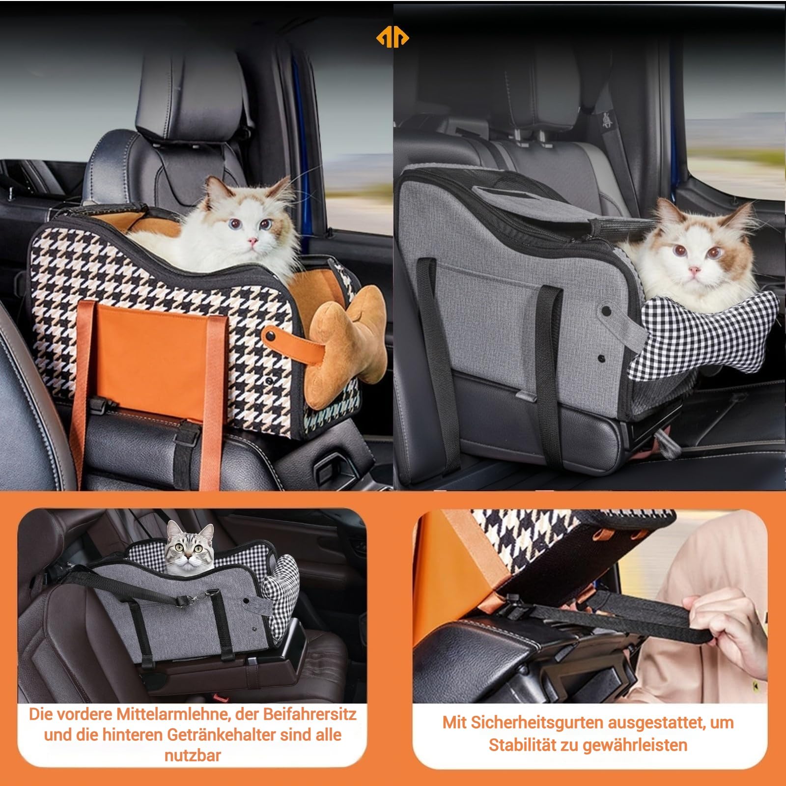 Mittelkonsole Hundeautositz, Haustier-Welpen-Autositz, Mittelkonsole, Armlehne für kleine Hunde (Kariert) (Grau)