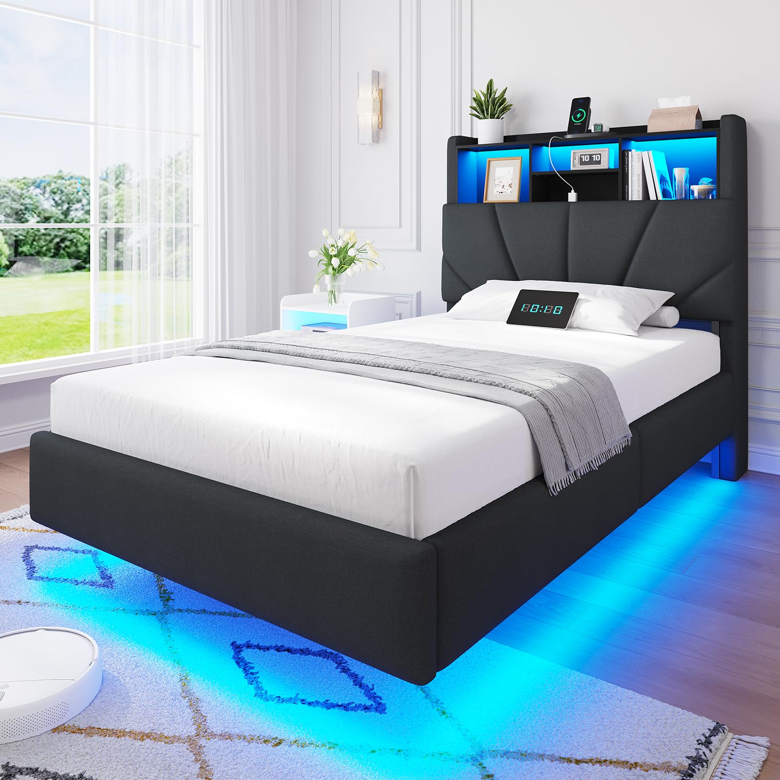 Brinlawb Schwebebett Polsterbett 90x200 cm mit LED-Beleuchtung und Ladestation (2 Steckdosen, 1 USB-A, 1 USB-C) Polsterkopfteil mit offenem Regal und verstecktem Stauraum, Jugendbett 90x200 cm Grau
