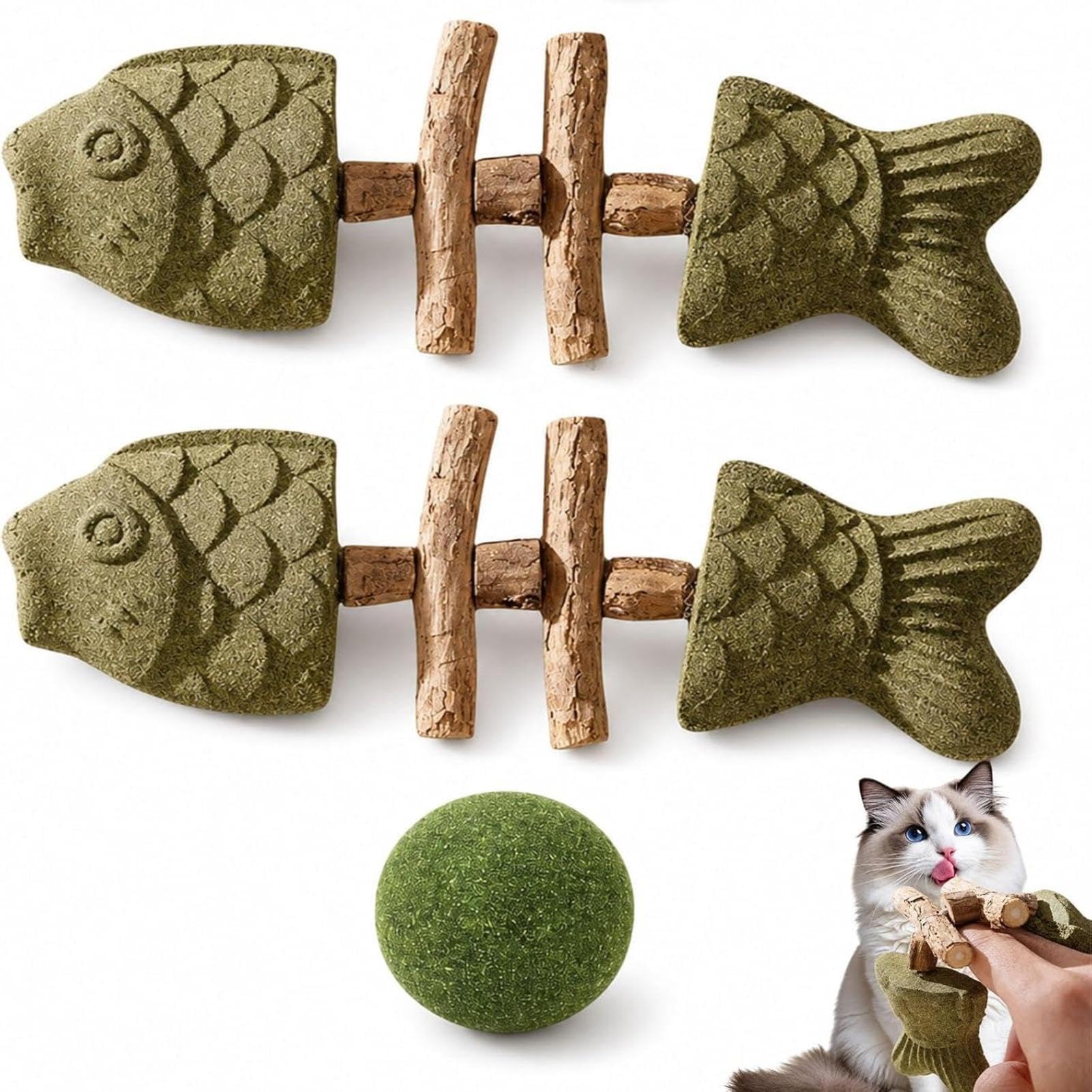 Caowzz 2 Pack Catnip And Silvervine Chew, 2026 New Creative Fish Bone Cat Chew Toy, Fish Shaped Toy With Catnip Natural Wooden Teeth Cleaning Stick For Teething, Boredom Relief & Daily Enrichment