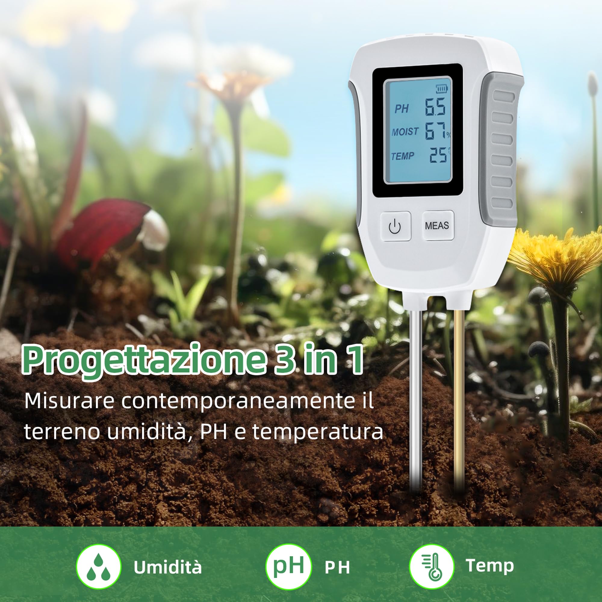 Mcbazel Misuratore PH del Suolo 3 in 1, Test del Suolo a Base Acida Rilevamento Temperatura umidità Tester di umidità con LCD retroilluminato Compatibile con Giardinaggio/Piante in Vaso/Fattoria