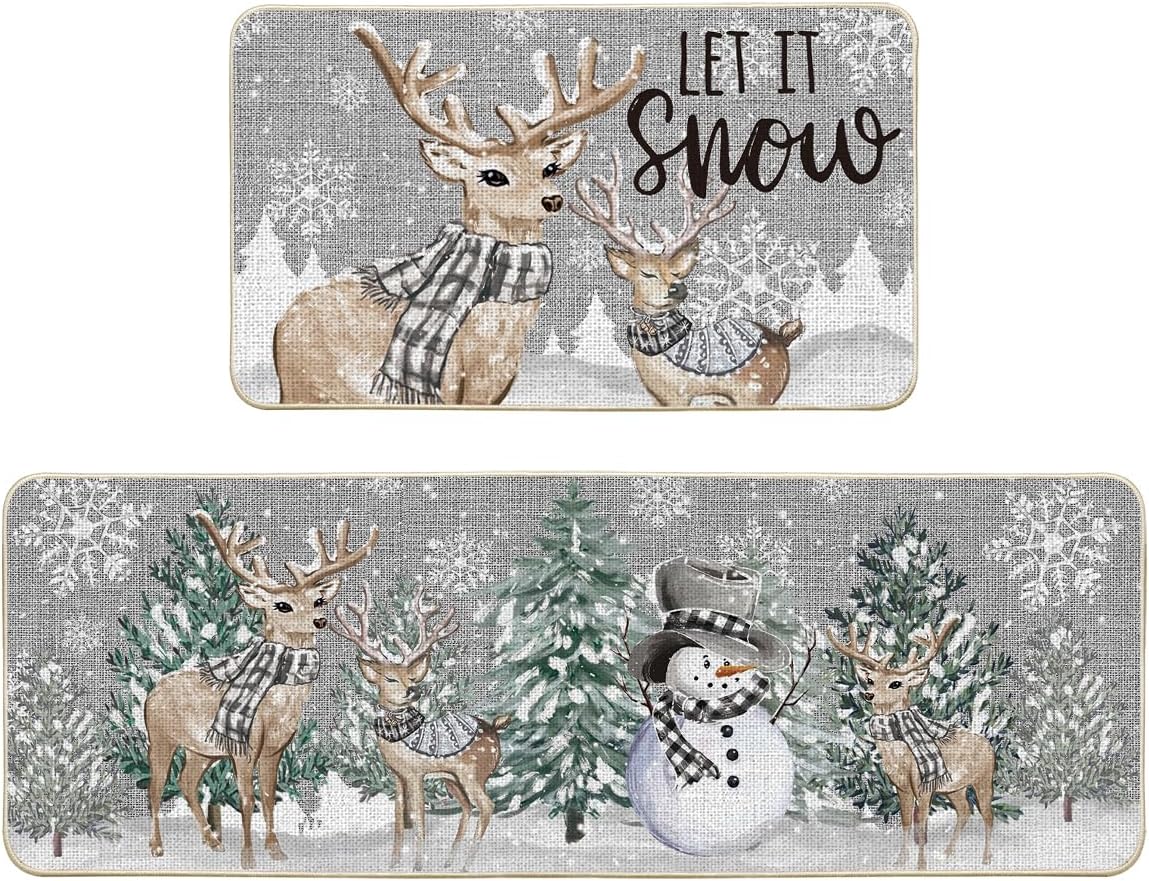 Artoid Mode Deer Tree Let It Sonw Snowflakes Christmas Kitchen Mats Set of 2, Winter Decor Low-Profile Kitchen Rugs for Floor - 17x29 and 17x47 Inch 17" x 29" /17" x 47" Silver