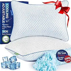 Travesseiros de espuma viscoelástica de gel refrescante, tamanho Queen, conjunto de 2 para dormir, almofadas de cama de espuma desfiada firme de bambu e raiom ajustável, pacote com 2 unidades para