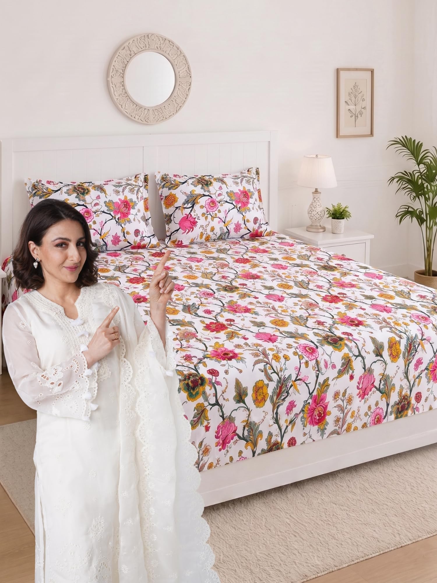 Mafatlal Saanjh 144 TC Cotton Bedding Spread Double Bed 95x108 Inch | Elegant Floral Artwork | Comfortable Lightweight Finish | Jaipuri Collection |Hand Crafted |Pillowcase Included | Light Pink-image-18